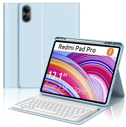 SENGBIRCH Coque Clavier pour Redmi Pad Pro 12.1 2024 - AZERTY Français Clavier Détachable sans Fil Bluetooth, Étui avec Fente pour Stylo pour Xiaomi Redmi Pad Pro 12.1, Bleu Chair