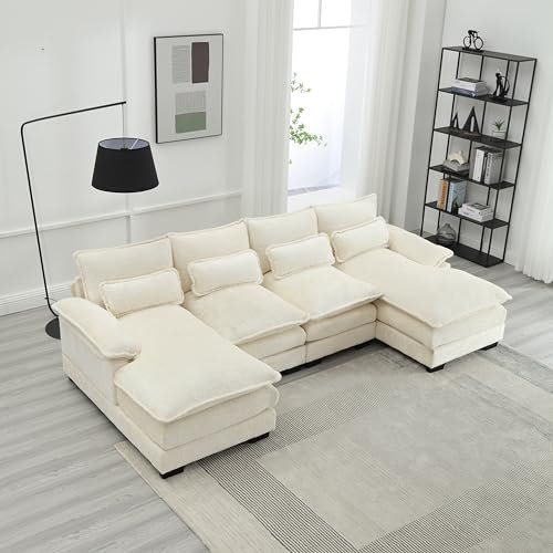 LIFEISLE U-Form Sofa Couch mit Doppel Chaiselongue, Wohnzimmer Modernes Sofa mit Verdicktes Doppel-Sitzkissen und Lendenwirbelstützekissen, Chenille Beige