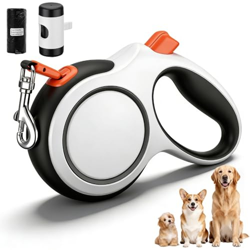 Retractable Dog Lead 8m/26ft, Extendable Dog Leash with 360° Tangle-Free Braided Rope, One-Hand Quick Brake Lock, Anti-Slip Handle & Poop Bag Holder for Medium Large Dogs up to 50kg (White/Orange)