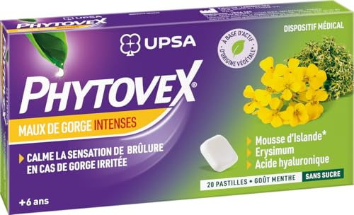 UPSA Phytovex Pastilles Gorge Intense - Menthol et Plantes, 24 Pastilles | Pastilles au menthol et extraits végétaux pour soulager les irritations, la gêne et les maux de gorge intenses.