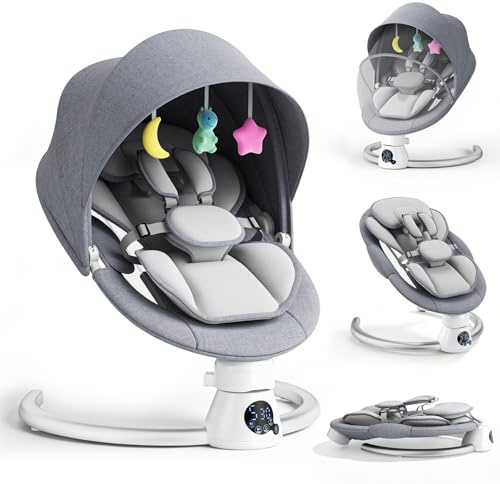 Hamaca Bebé con 2 Niveles de Respaldo Ajustable, App y Control Remoto Baby Rocker Eléctrica Bluetooth con 3 Temporizadores, 5 Velocidades de Columpio y 12 Sonidos, 2 Opciones de Energía (Gris)