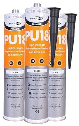 (3 Tubes) PU18 Black Polyurethane Sealant Adhesive Strong Flexible for Construction, Auto and Marine applications. Non Shrinking High Grab Suitable for Expansion Joints . Paintable .