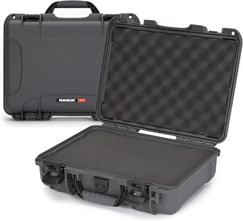 NANUK 910 Hard Case with Customizable Cubed Foam, IP67 Waterproof, Dustproof and Impact Resistant, 14.3” x 11.1” x 4.7”, Rugged Construction for Ultimate Protection, Made in Canada – Graphite