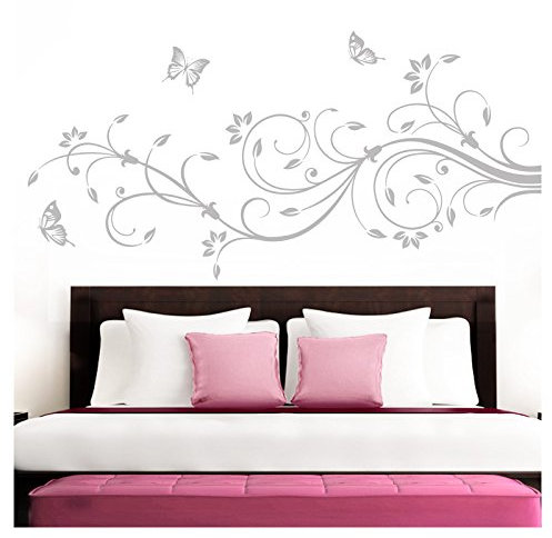 Grandora Wandtattoo XXL Blumenranken Schmetterlinge Blumen I hellgrau (BxH) 160 x 69 cm I Schlafzimmer Liebe Flur Wohnzimmer modern Aufkleber Wandaufkleber W1073