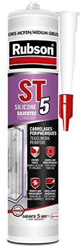 RUBSON ST5 , Mastic sanitaire spécial carrelages périphériques, Joint silicone à base aqueuse sans odeur, anti-moisissures, Coloris gris moyen, cartouche 300ml