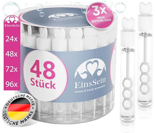 EinsSein Seifenblasen Hochzeit Lovegläschen Set weiss 48 Stück | Gastgeschenke für die Hochzeit Taufe Geburtstag Verlobung | keine Flecken auf Kleindung | Mini Hochzeitsseifenblasen Herz Herzgriff mit
