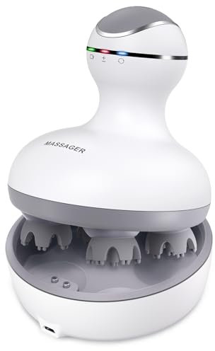 cotsoco masseur de tête électrique, masseur de cuir chevelu IPX7 imperméable à l’eau avec 8 têtes de massage et 4 modes de mmasseur de têteassage, Soulage la fatigue et l'inconfort de la tête(Blanc)
