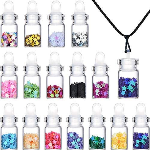 Pixie Necklaces Confetti Dust Bottles Mini Glass Bottle Necklace Wish Glass Jar with Glitter for Fairy Birthday Festive Party Daily Supplies (Star, 16 Pieces)