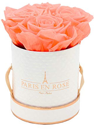 PARIS EN ROSE Rosenbox DELUXE | mit 4 orangenen Infinity Rosen Größe XL | konservierte ewige Rose | runde Weiß-Roségold Box | 3 Jahre haltbar | Grußkarte