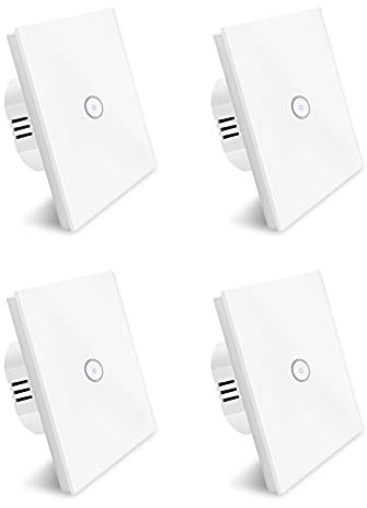 Smart Lichtschalter, Wlan Alexa Lichtschalter 1 Gang, Gehärtetes Glas Touch-schalter, Arbeitet mit Alexa & Google, APP Fernbedienung, Timing-Funktion, Nullleiter Erforderlich, Weiß 4 pack