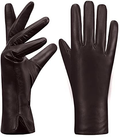 MGGMOKAY Damen Lederhandschuhe Touchscreen Kaschmir gefüttert,Braun,M