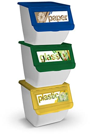 TIENDA EURASIA® Cubos de Basura de Reciclaje - Pack 3 Contenedores de Reciclaje Apilables con Ruedas - Tapa Abatible - Medida 39 x 39 x 36 cm (White)