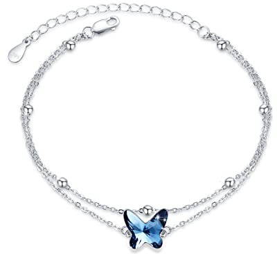 MEDWISE Schmetterlings Armband Damen 925 Sterling Silber Blau Kristall Doppelkette Armbänder Verstellbar Geschichtetes Armbänder Schmetterlings Schmuck Geschenke für Frauen Mädchen