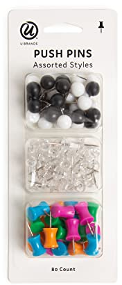 U Brands Push Pins Variety Pack, Office Supplies, with Round Pins, Clear Pins, Assorted Styles, 80 Count