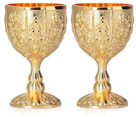 2Pcs Gold Goblet, Vintage Metal Embossed Wine Cup Hand-Made Goblet Embossed Wine Liqueur Cup Shot Glass for Kitchen, Home, Bar(Gold)