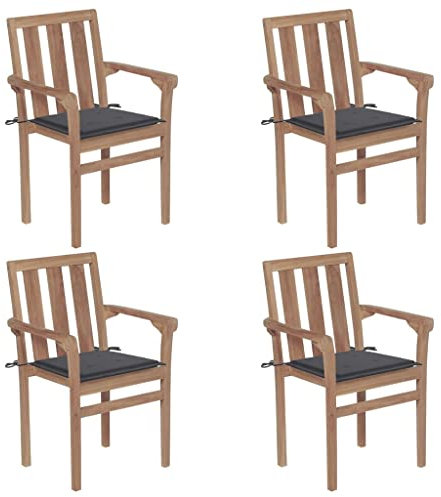 Rillbus Gartenstühle 4er Set Holzstühle, Stapelbar, Stapelstuhl mit Sitzkissen in Anthrazit, Balkonmöbel Terrassenmöbel Relaxsessel, Massivholz Teak 58x50x89cm