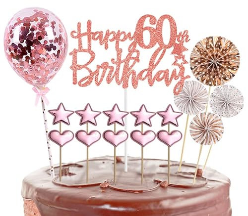 Tortendeko 60 Geburtstag Frau,16 Stück Glitzer 60. Geburtstagstorte Topper,Roségold Cake Topper Deko 60 Geburtstag,Happy 60th Birthday Kuchendeko Luftballons für 60. Geburtstag Party Kuchen Deko