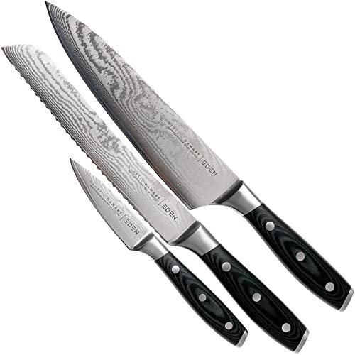 Eden Classic Damast Juego de Cuchillos de 3 piezas EQ2030-S02 Juego de Cuchillos que incluye Cuchillo de Chef, Cuchillo Puntilla y Cuchillo de Pan, Acero de Damasco