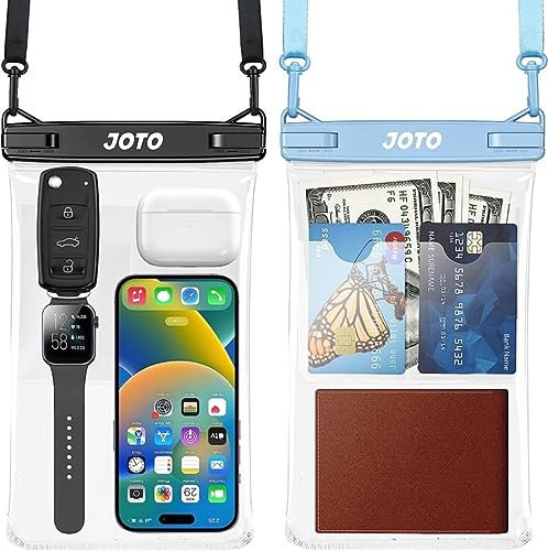 JOTO 2 Stück Groß Wasserdicht Handytasche Handyhülle, Waterproof Phone Case Unterwasser Hülle mit Lanyard für Bargeld Kreditkarte Uhr Geld Münzen Brieftasche -Schwarz/Blau