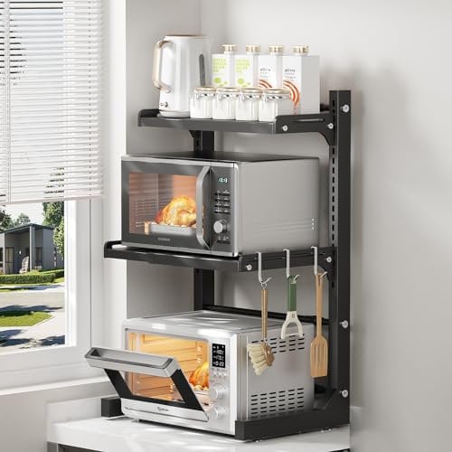 ABCOOL Estante retráctil ajustable para horno microondas de 2 axiales, 2 niveles expandibles y ajustables en altura de acero al carbono con 3 ganchos de clip, soporte para horno eléctrico