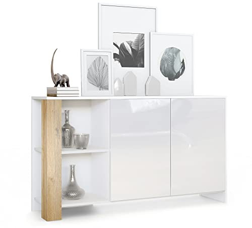 Vladon Sideboard Canto, Made in Germany, Lange Anrichte mit 2 Türen und 6 Fächern, Korpus Weiß matt, Fronten Weiß Hochglanz, Dekor-Paneele Eiche Natur (143 x 81 x 36 cm)