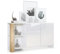 Vladon Sideboard Canto, Made in Germany, Lange Anrichte mit 2 Türen und 6 Fächern, Korpus Weiß matt, Fronten Weiß Hochglanz, Dekor-Paneele Eiche Natur (143 x 81 x 36 cm)