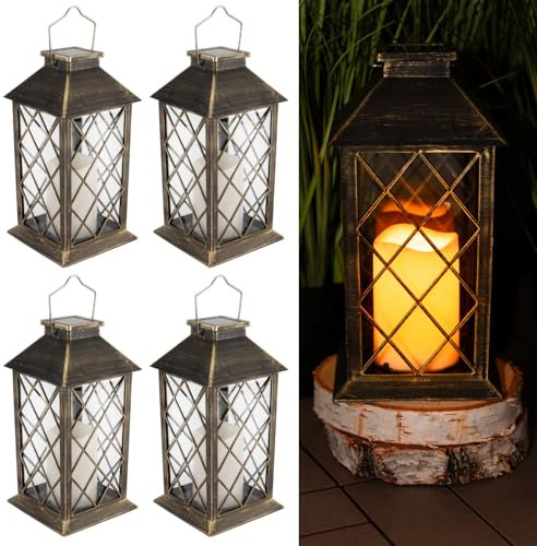 LUMILED 4x Solarlaterne für Außen Solar Laternen Draußen LED Glas Laterne Solarleuchte mit Kerze Flacker Effekt Kerze IP44 Vintage Patina Hängend Dekorative Licht Außenleuchte Gartenleuchte