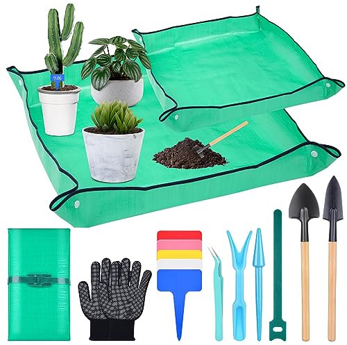 Lucomb Umtopfmatte für Zimmerpflanzen, 99 cm große und 66 cm kleine Pflanzmatte mit Zubehör, faltbar, wasserdicht, tragbar für Sukkulenten, 2 Stück
