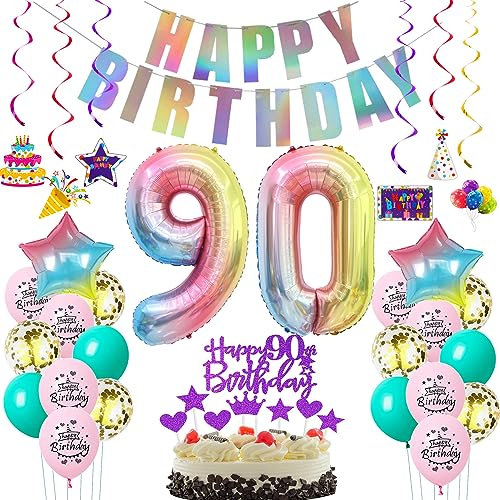 Deko 90. Geburtstag frauen bunt,Geburtstagsdeko 90 jahre frauen Rosa Luftballons 90 Geburtstag dekoration Regenbogen,bunt Folienballon 90 Geburtstag deko frau Rosa Tortendeko 90 Geburtstag lila