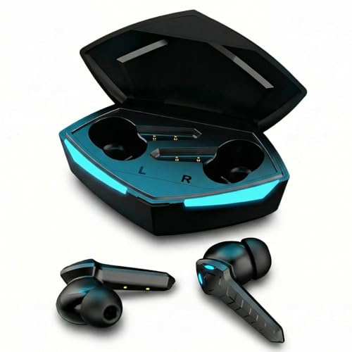 Bewinner Wireless Earbuds Gaming Earphones, BT 5.2 Noise Cancelling Sports Earbuds mit Mic, Cool Light Effects, Headphones with Charging Case for Gamer, Handy (Schwarz)