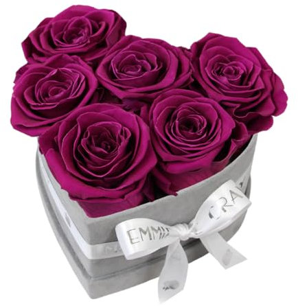 EG EMMIE GRAY Classic Infinity Rosenbox | Herz | Grau - Größe S mit 7 ± 1 Infinity Rosen, bis zu 3 Jahre haltbar, Flowerbox aus Samt mit konservierten Rosen, Blumenbox (Velvet Plum)