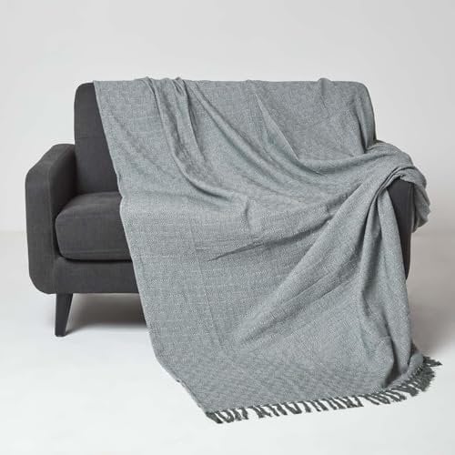 Homescapes Malda XXL-Tagesdecke grün 255x360 cm, große Baumwolldecke Rauten mit Fransen, Überwurf für Sofa oder Bett