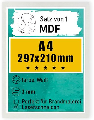 woodmanucom 1 Stück weißes A4 MDF Platten | 297 x 210 x 3 mm | Bastelplatte Dünne Holz-Platten | Perfekt für Laser, CNC Router, Laubsäge, Modellierung
