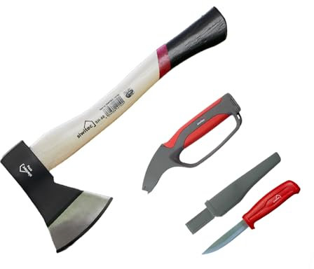 siwitec Axt Geschenkeset 800 Gramm Kopfgewicht mit Holzgriff, Inklusive 4in1 Messerschärfer & Universalmesser, Axt zum Holz spalten