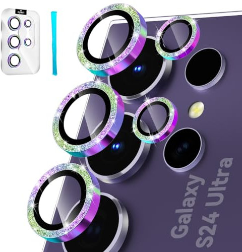 CloudValley Kameraschutz für Samsung Galaxy S24 Ultra Zubehör, individuelle Gehärtetes Glas mit Aluminiumkante, [Anti-Kratzer Anti-Staub] 9H Härte HD Kamera Schutzfolie, Glitzer bunt