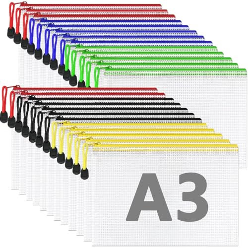 VIDETOL 25 Stück Dokumententasche A3 mit Reißverschluss, Wasserdichte Document Case, Mesh Reißverschlusstasche Bunte, Datei Tasche Kunststoff für Dokumente, Papier, Bürobedarf