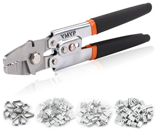 YMYP Up to 2.2mm Wire Rope Crimping Tool with 180 Pcs Sleeves & 10 Pcs Stainless Steel Thimbles Kit, 3 Sizes Aluminum Double Barrel Ferrule, SwagingTool for Fishing Lines with Cutting Function