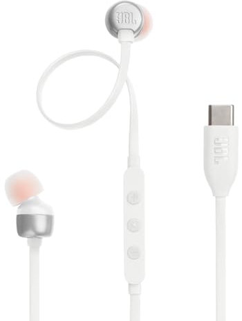 JBL Tune 310C - Wired Hi-Res in-Ear Headphones, Tangle-Free Flat Cable, 3-Button Remote with Microphone (White)
