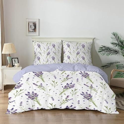 Linfye Housse de Couette 155x220 Enfant Lavande Violette Parure de Lit 1 Personne avec Fermeture Éclair, Fleurs Blanches Sets de Housse Couette avec 2 Taie d'oreiller 65x65 cm (Fleurs)