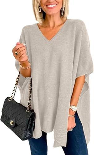 Melliflo Damen-Poncho mit V-Ausschnitt, einfarbig, leicht, Kaschmir-Schal, Wickelumhang, Pullover, Baggy Tops, GRAU, Small