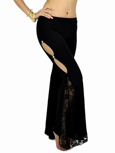 Aiihoo Damen Bauchtanz Kostüm Schlaghose Flare Hosen Solid Farbe mit Spitze Schlitz Bein Hose Yoga Tanz Schwarz Einheitsgröße