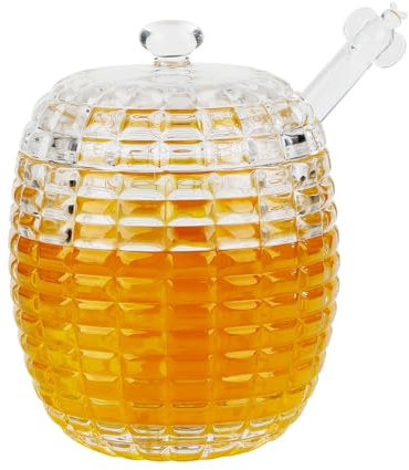 Cuteefun Pot à Miel en Verre avec Cuillère, Mini Pot de Miel Transparent de 220 ML avec Couvercle et Bâtonnet à Miel, Distributeur de Miel pour Servir Le Miel et Le Sirop, Style à Carreaux
