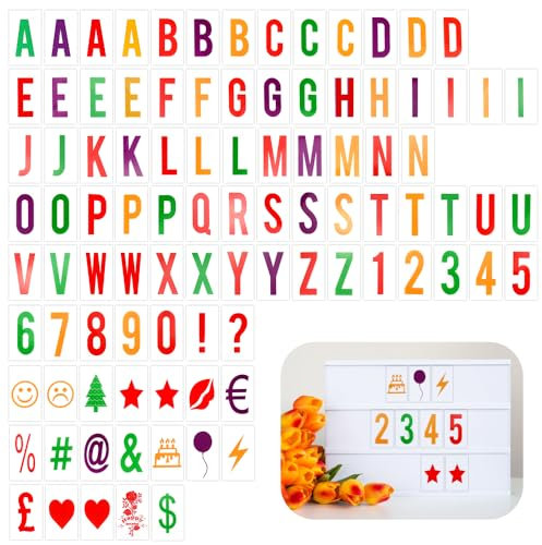 CAREDGO 104 Uds Letras para Caja de luz A4, Letras Colores Decorativas con Números, Números y Letras Símbolos Cinematográficos para Caja de Luz, Letras para Decorar Dormitorio/Regalo/Cumpleaños