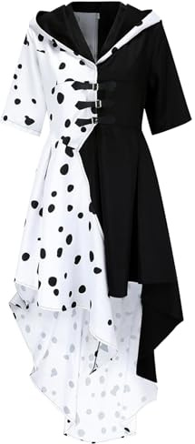 AMOBON Cruella Devil Kostüm Damen: Cruella Deville Kleid Kapuzenmantel im Dress Stil, Böse Madame Kleid Strickjacke für Halloween Karneval Fasching Cosplay Carnival Party