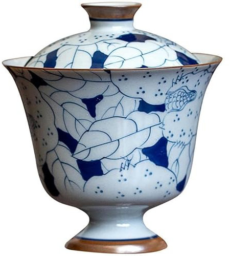 SQMSK Taza de té alta pintada a mano de porcelana azul y blanca de 125 ml, 8,2 x 9,5 cm, tazas de té de cerámica china para regalo y oficina doméstica
