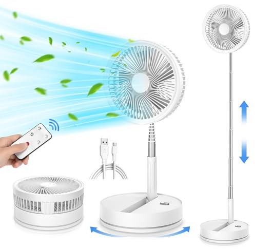Oscilante Ventilador de Pie Portatil Silencioso con Mando, 9'' Plegable Suelo/Mesa Habitacion Bajo Consumo Ventiladores 4 Modos/Timer, 7200mAh USB Recargable Pedestal Fan para Dormitorio Oficina