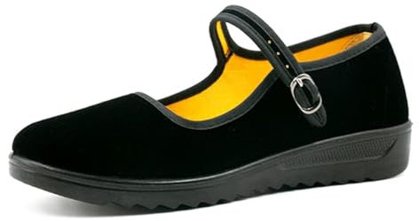 AioTio Mary Jane Schuhe Damen Samt Schwarz Ballerinas Damen Elegant Flache Schuhe Weicher Rutschfester Gummisohle Schuhe mit Bequemem Baumwollfutter(39 EU,245mm)