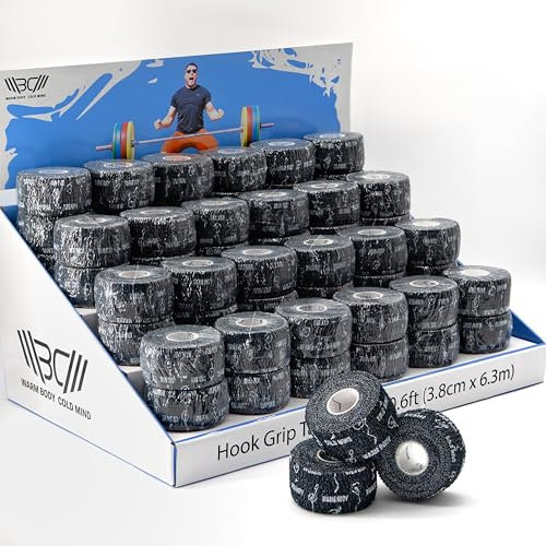WARM BODY COLD MIND Hook Grip Tape für Gewichtheben - Weightlifting Tape für Crossfit, Krafttraining, Sporttape, Baumwolle Thumb Tape, Daumen Tapen (60 Rollen Schwarz, 6,2m x 3,8cm)