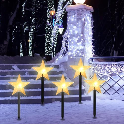 Daromigo 5 Stück LED Garten Leuchtstäbe Stern, Weihnachtslichter Außen mit Batterie und Timer, IP65 Sterne Weihnachtsbeleuchtung, für Gartenstecker Balkon Weihnachts Deko Außen