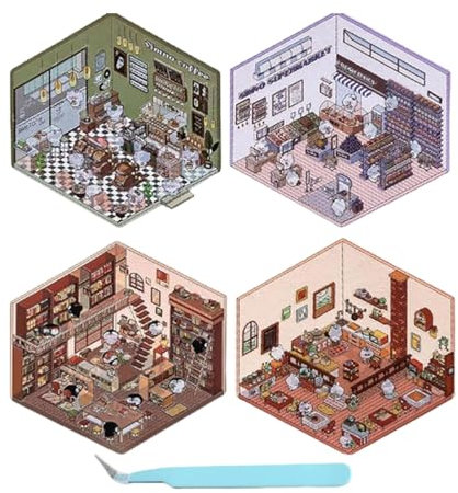 4 Sets 3d Scene Stickers, 3d Sticker Scene, 3d House Stickers, Sticker Scenes for Adult Kids (A)